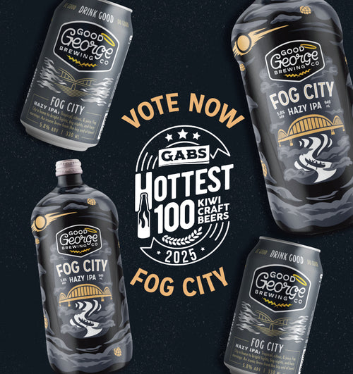 Good George Brewing Co. Fog City Hazy IPA bottles and can on a black background with GABS Hottest 100 Kiwi Craft Beers 2025 text.