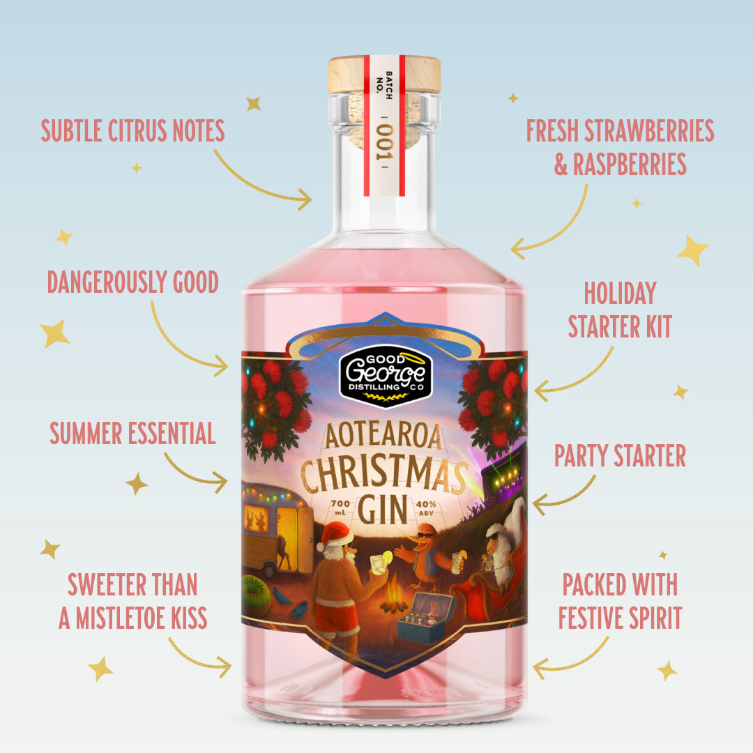 illustration of a pink gin bottle with features surrounding it and arrows pointing to the bottle 