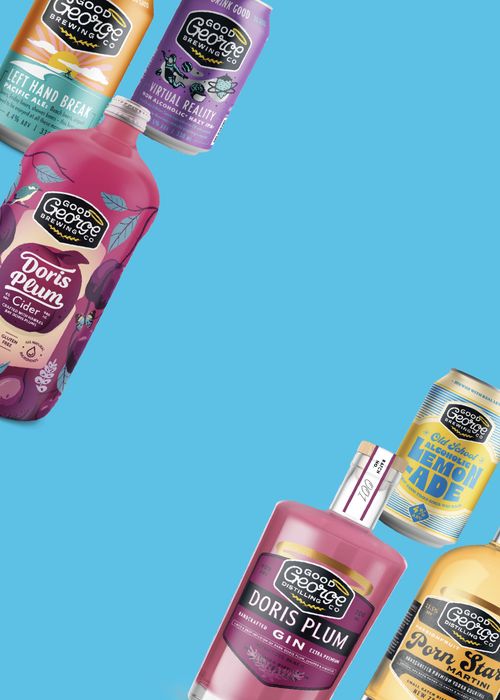 Collection of George Foreman branded drinks on a blue background