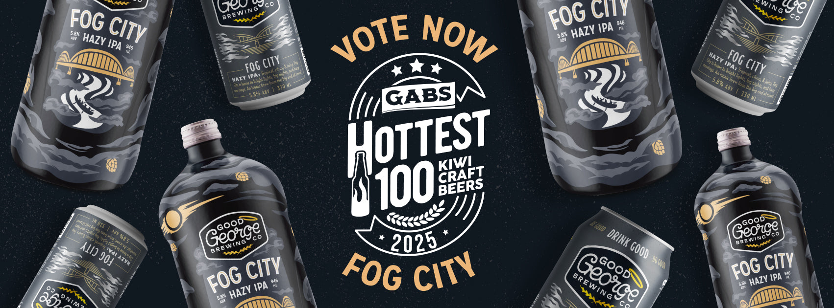 Fog City beer bottles with promotional text for GABS Hottest 100 Kiwi Beers 2025 on a dark background.