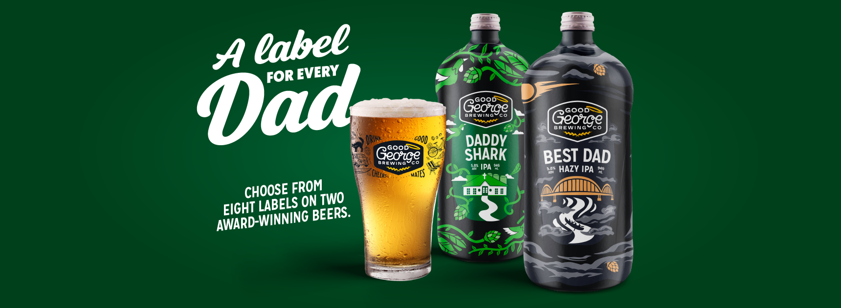 Two bottles of beer with personalised labels on a green background, accompanied by a glass of beer.
