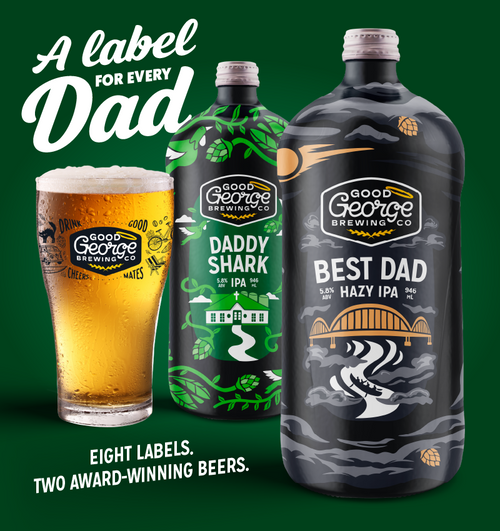 Two bottles of Good George Brewing Co. beer with a glass of beer on a green background, featuring labels for 'Daddy Shark' and 'Best Dad'.