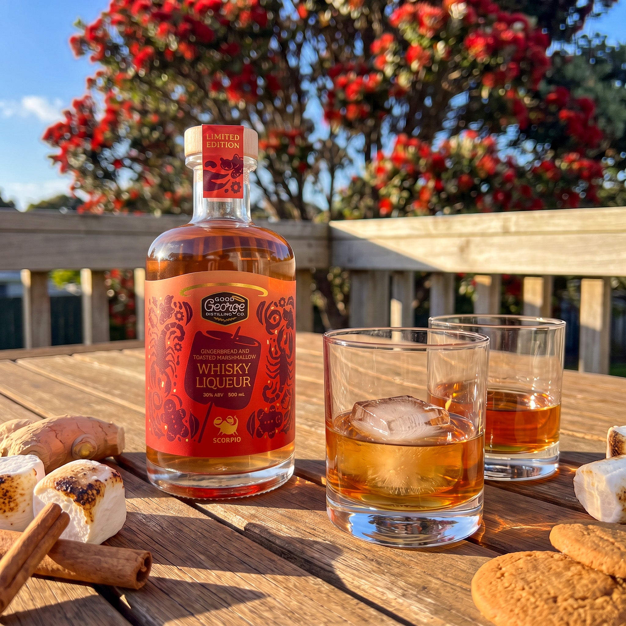 Good George Gingerbread and Toasted Marshmallow Whisky Liqueur on a sunny deck table with two glasses, toasted marshmallows, ginger and cinnamon, pōhutukawa behind