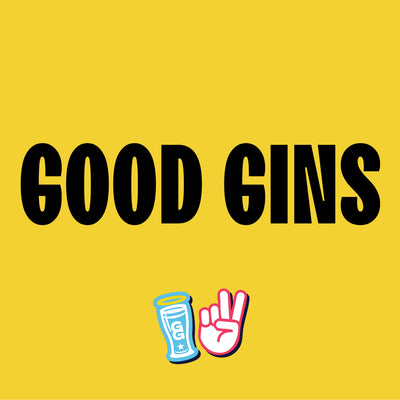 Text 'GOOD GINS' on a yellow background with two icons below.
