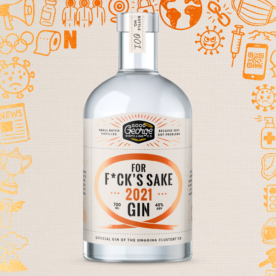 Bottle of Good George F*ck's Sake 2021 Gin with a humorous label on a background with various icons.