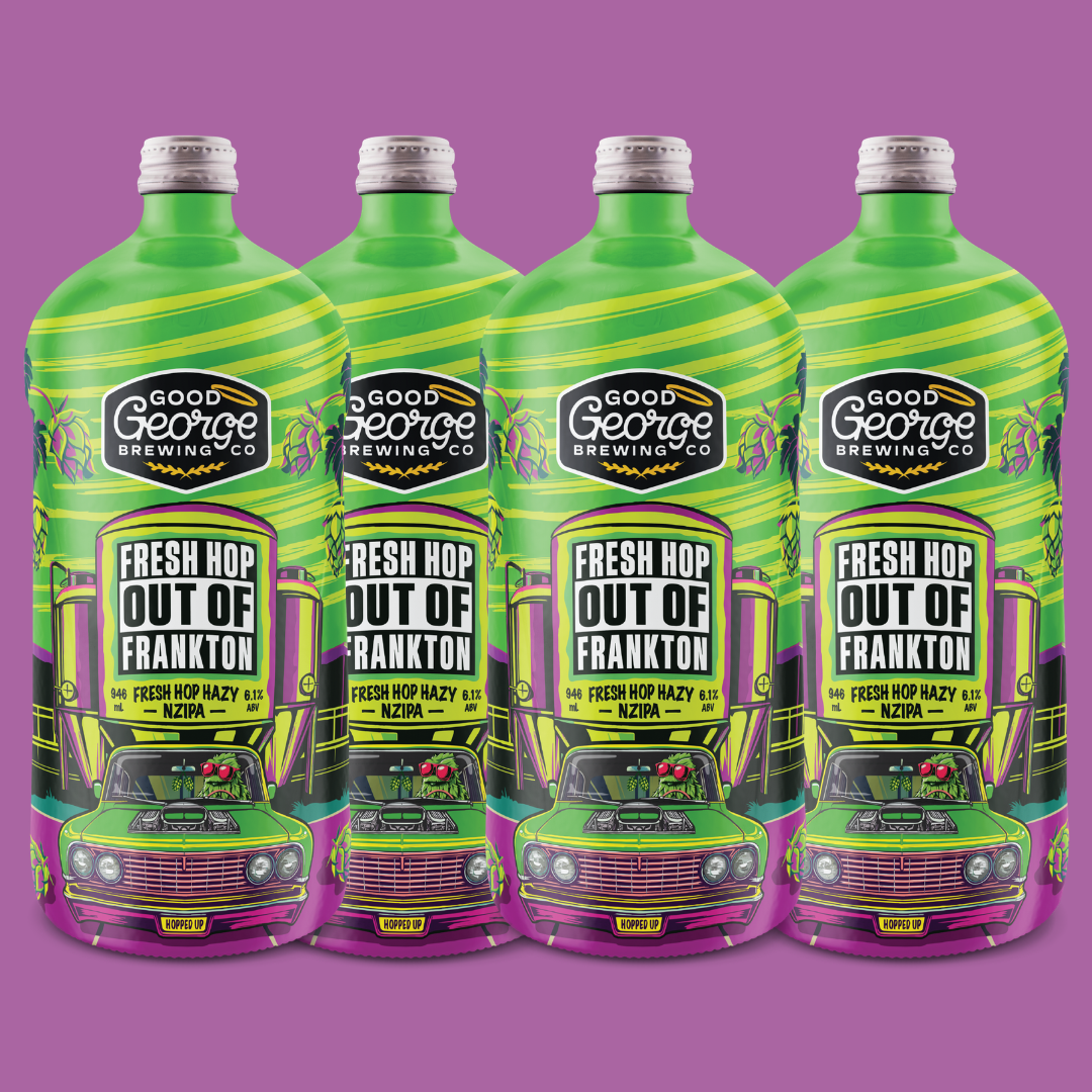 Four green bottles of Good George Brewing Co. Fresh Hop Out of Frankton on a purple background
