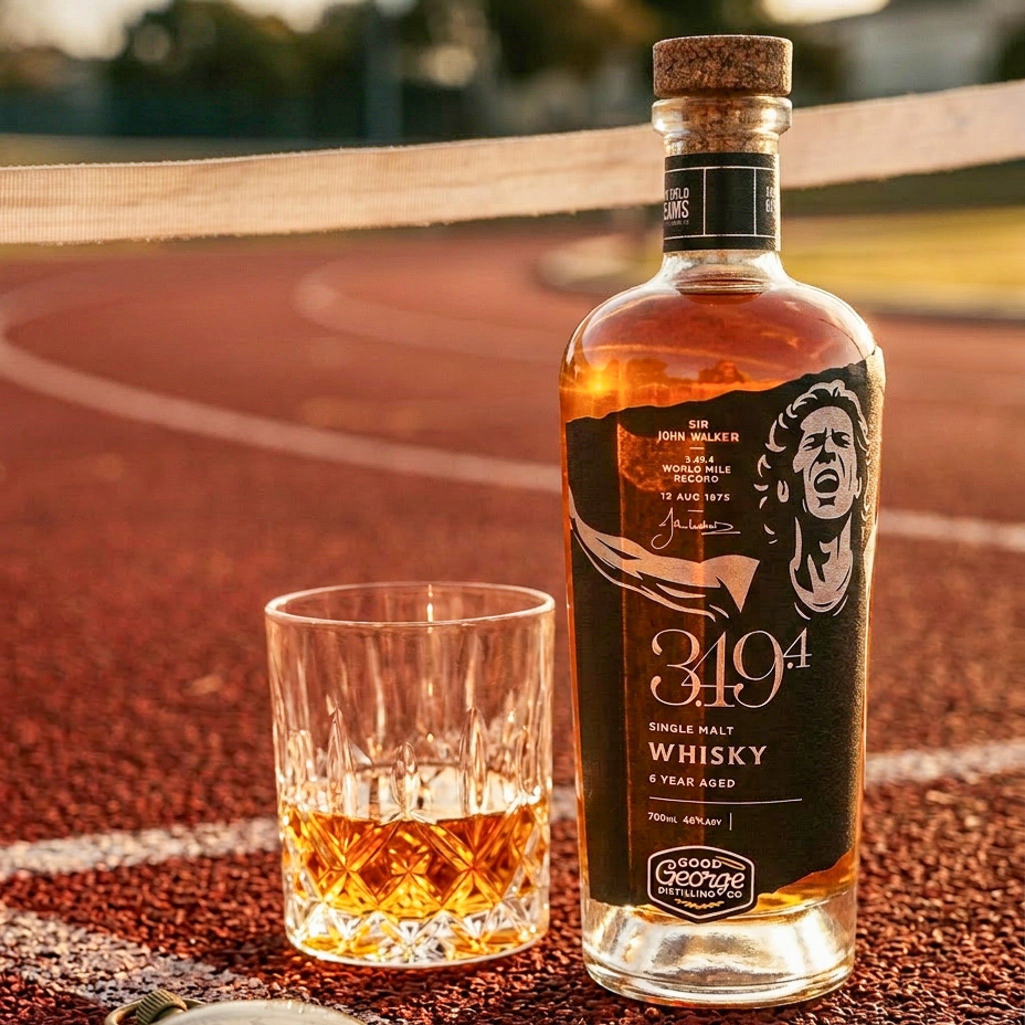 Bottle of 3.49.4 Single Malt Whisky and a glass on a track