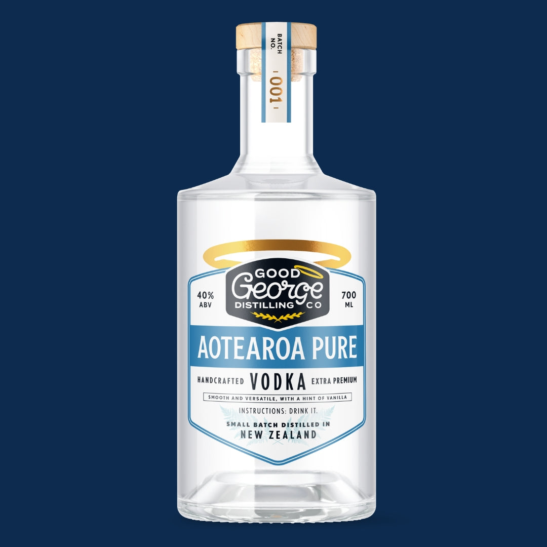 Good George Distilling Co. Aotearoa Pure Vodka bottle on a blue background
