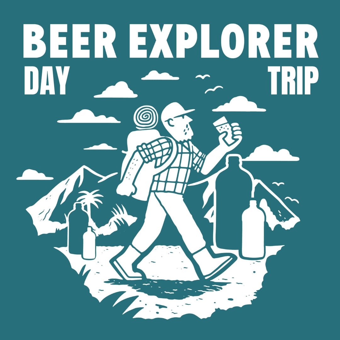 Illustration of a person with a backpack holding a beer, surrounded by beer bottles and nature elements on a teal background.