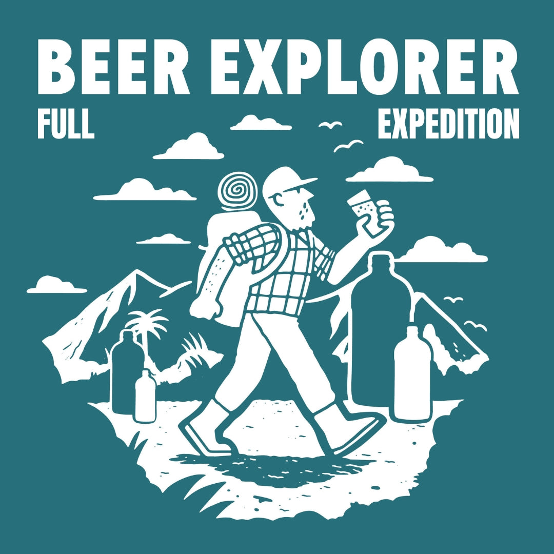 Illustration of a person with a backpack holding a beer, surrounded by beer bottles and nature elements on a teal background.