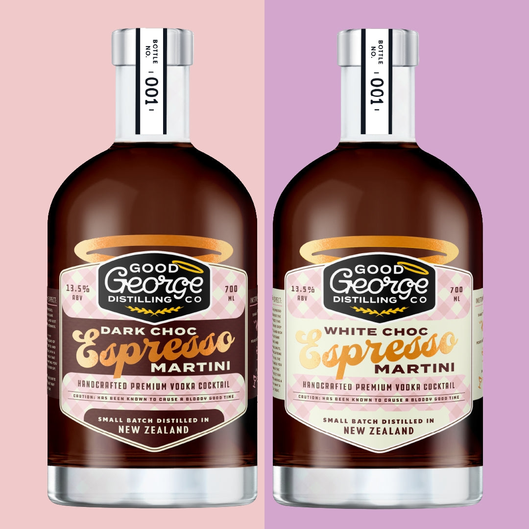 Two bottles of Good George Distilling Co. Dark Choc Espresso Martini and White Choc Espresso Martini on a pink and purple gradient background.