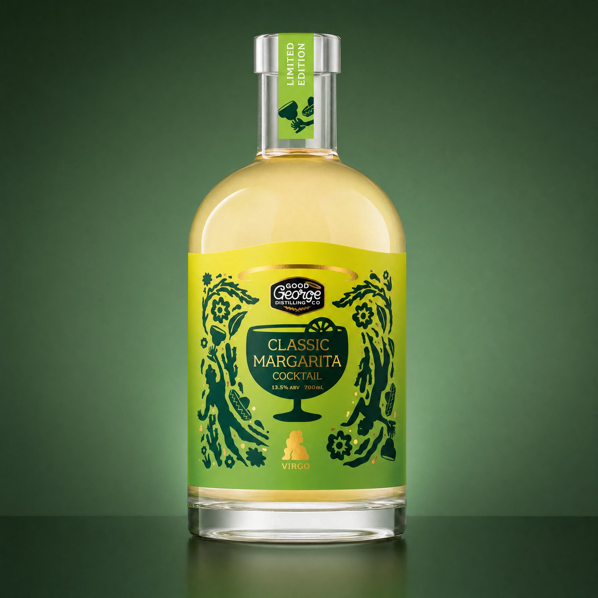 A bottle of Virgin Classic Margarita cocktail, featuring a bright yellow-green label with black floral illustrations and a silver cap, set against a dark green gradient background.