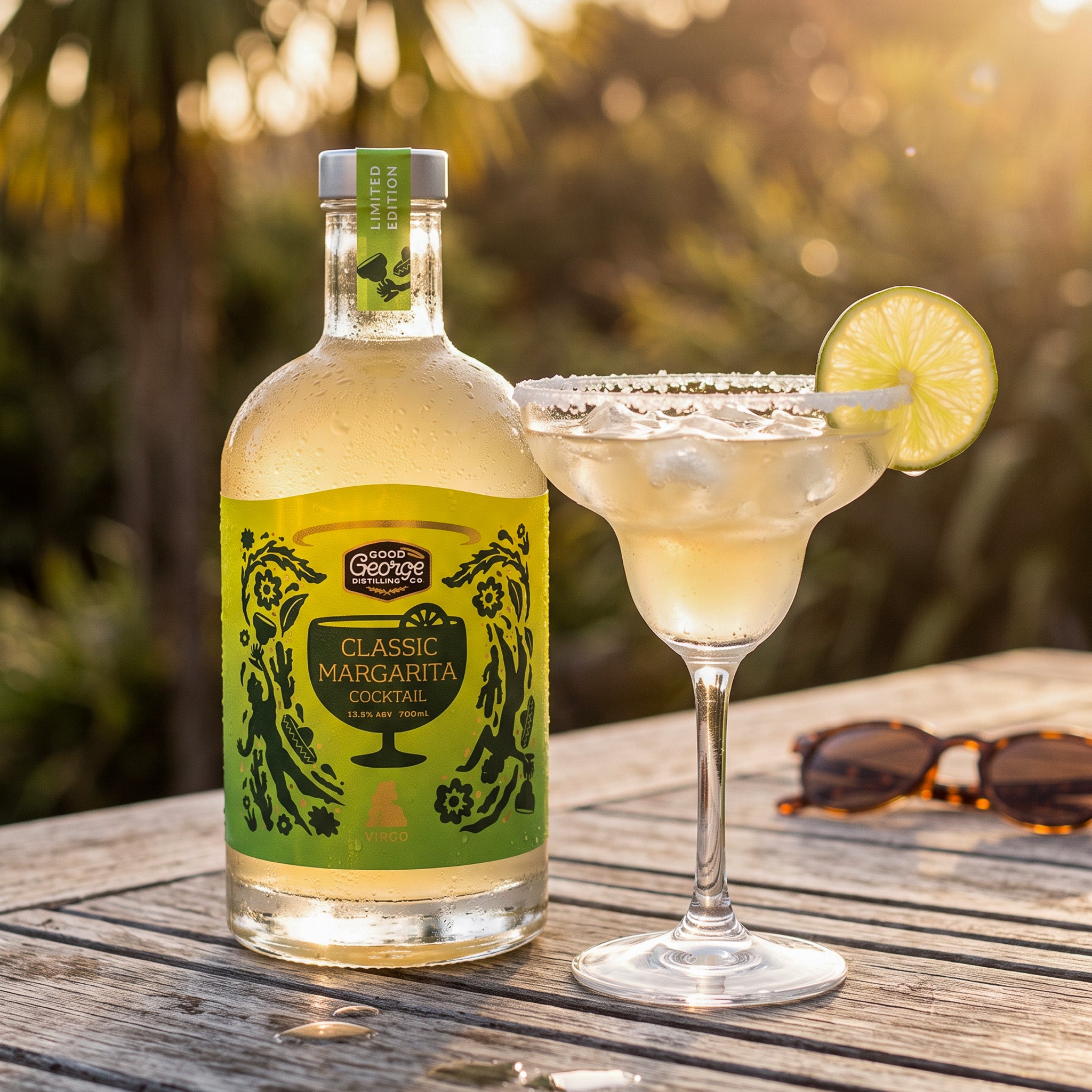 A bottle of Good George Classic Margarita Cocktail next to a prepared margarita glass with a lime wheel garnish, set on a wooden table outdoors with sunglasses in the background.
