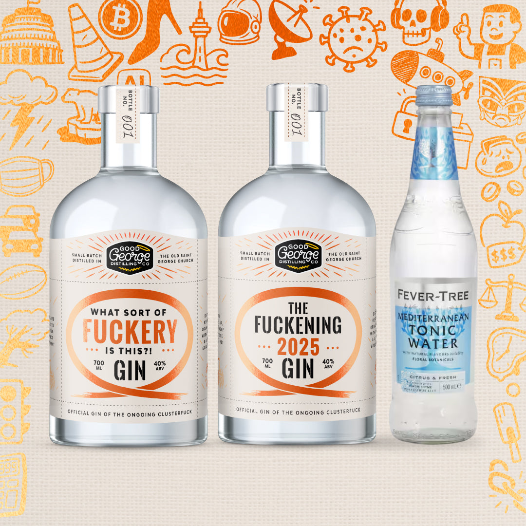 Three bottles of gin with humorous labels on a colorful background