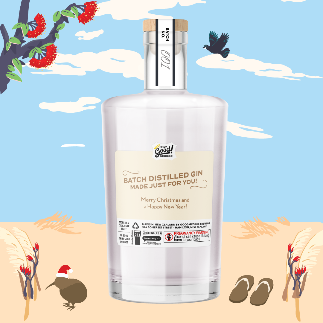 Bottle of gin with a personalized label against a cartoon beach background