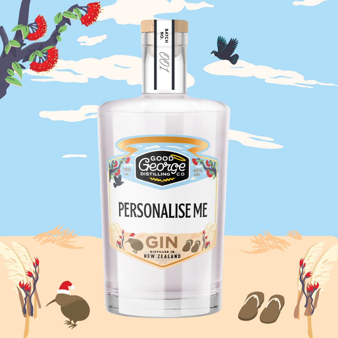 Bottle of Good George Distilling Co gin with a New Zealand-themed background