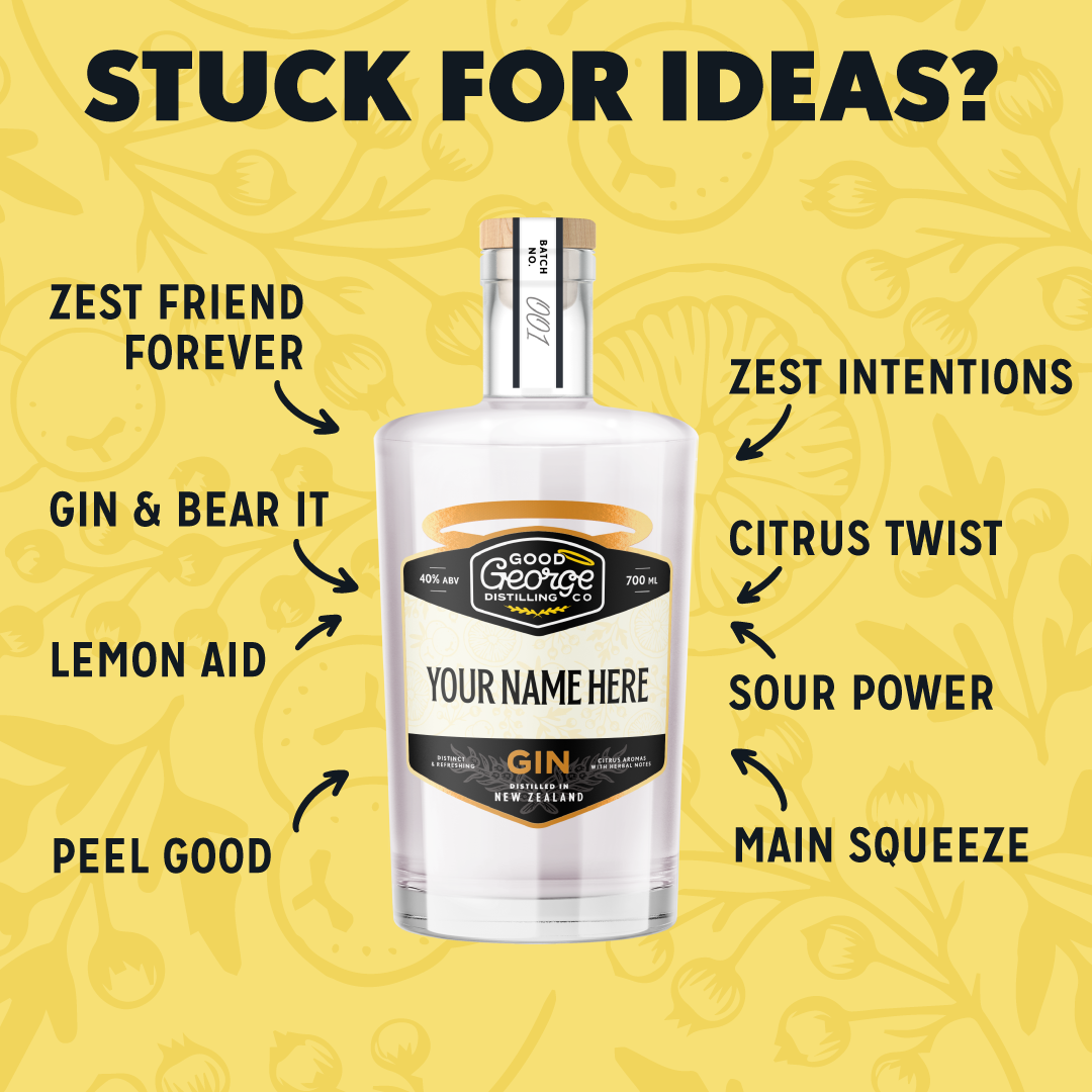 Bottle of Good George Gin with text options on a yellow background
