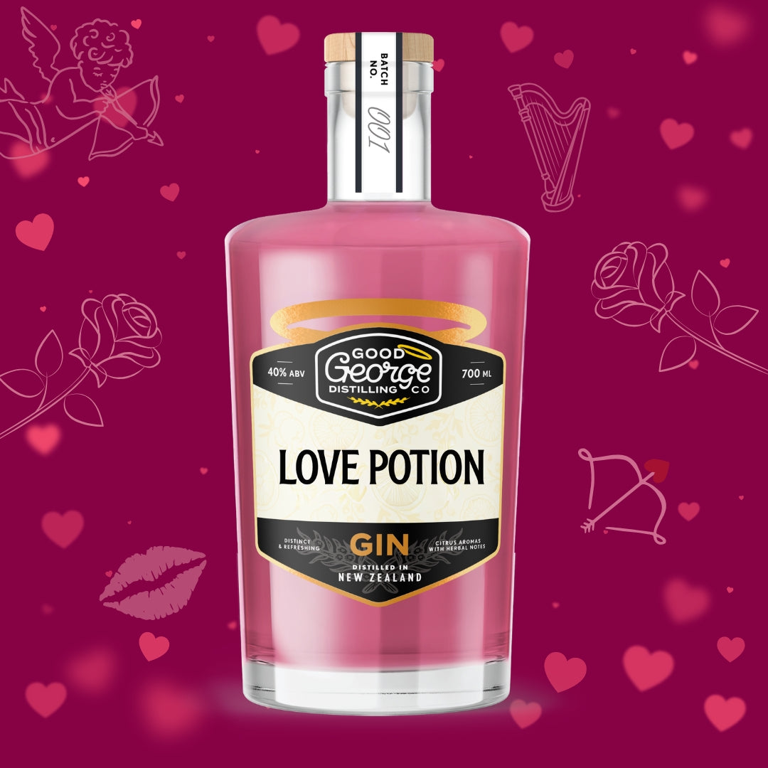Bottle of 'Love Potion' gin with decorative elements on a pink background