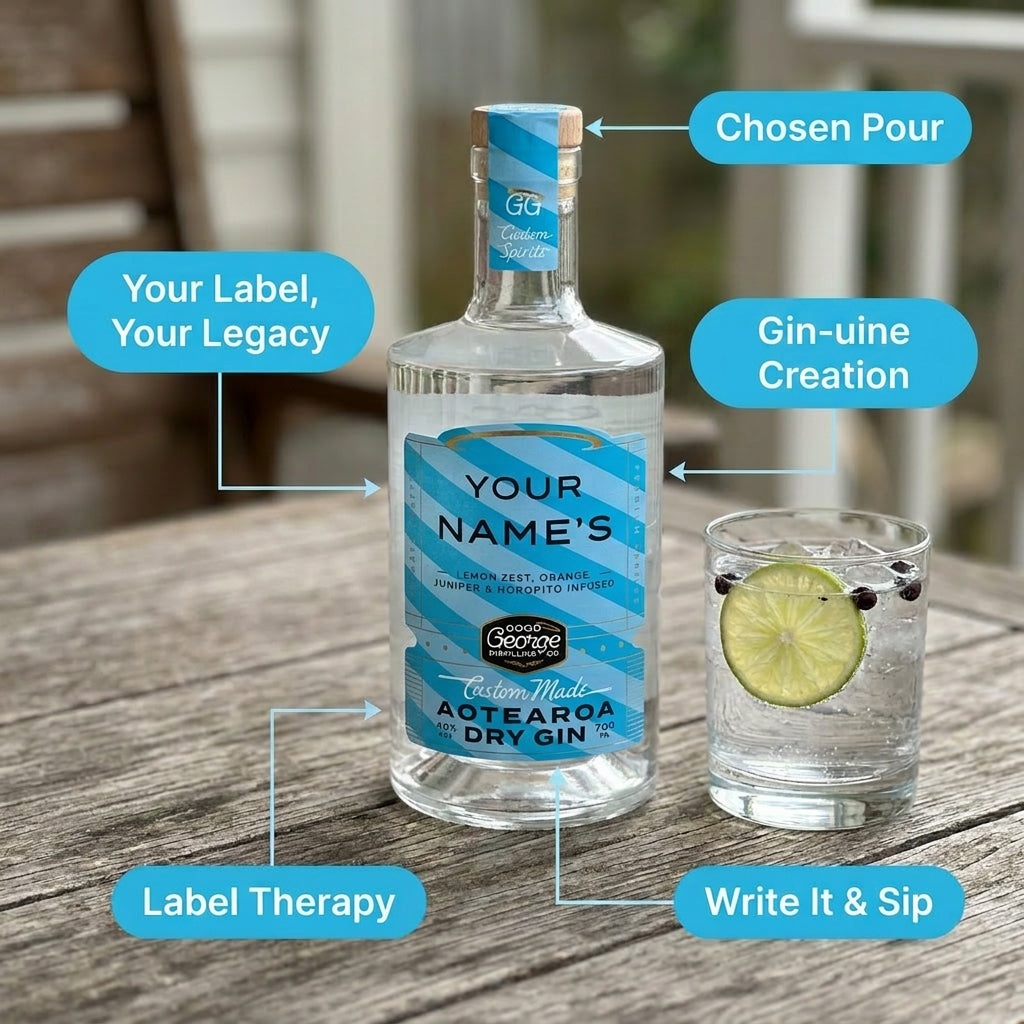 Bottle of gin with customizable label on a wooden surface, accompanied by a glass with a lime slice.