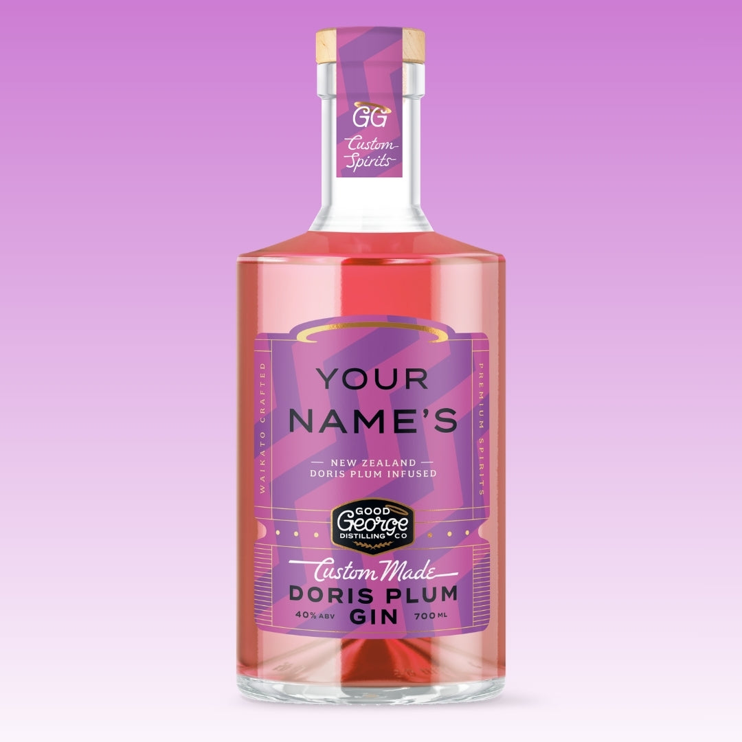 Bottle of Doris Plum Gin with a colourful label on a purple background