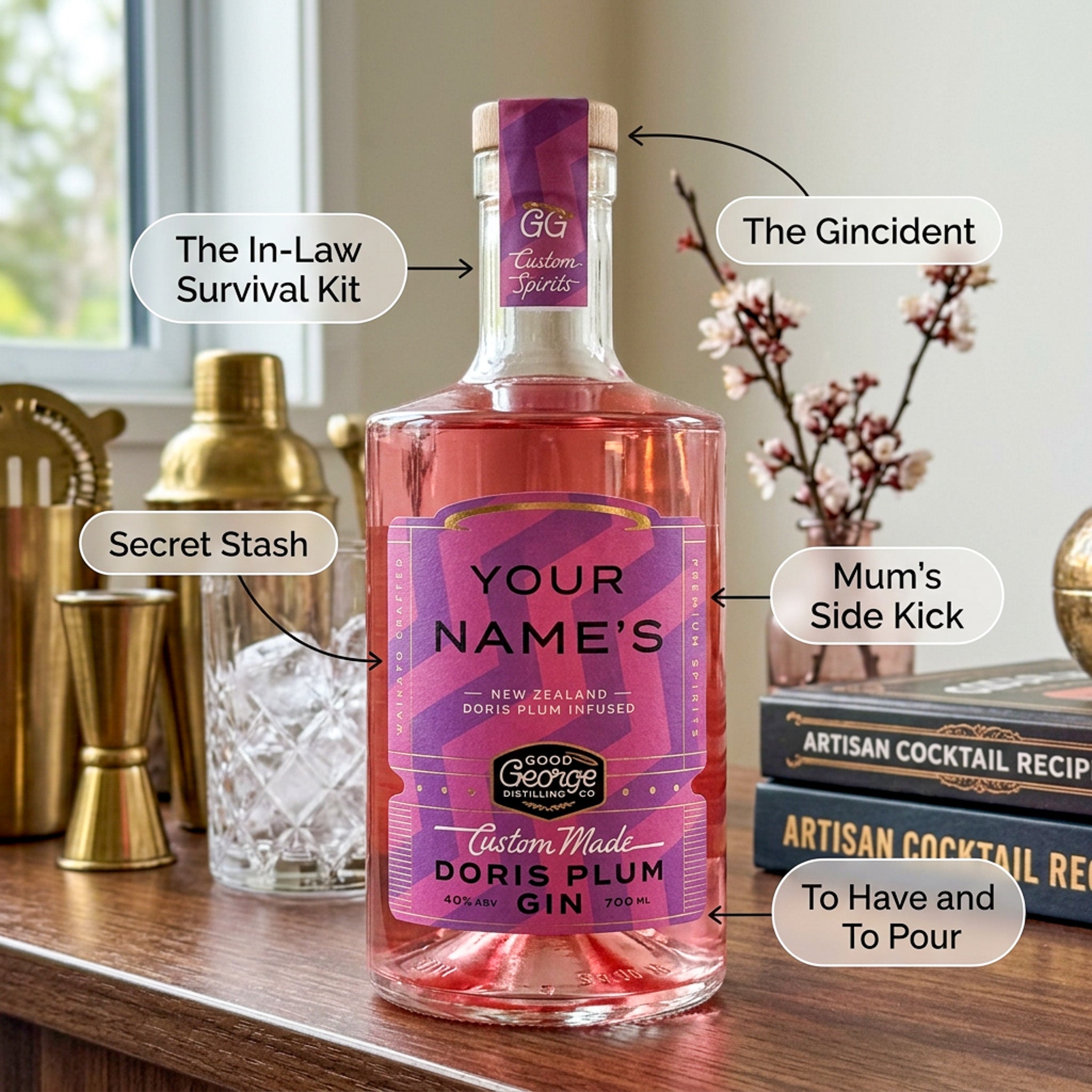 Bottle of gin with humorous labels on a wooden surface