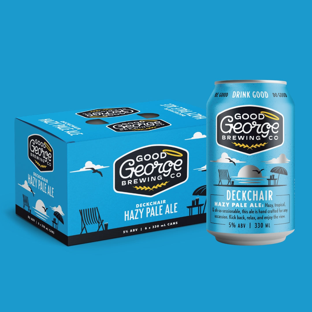 A 6-pack box and a single can of Good George Brewing Co. Deckchair Hazy Pale Ale on a solid blue background.