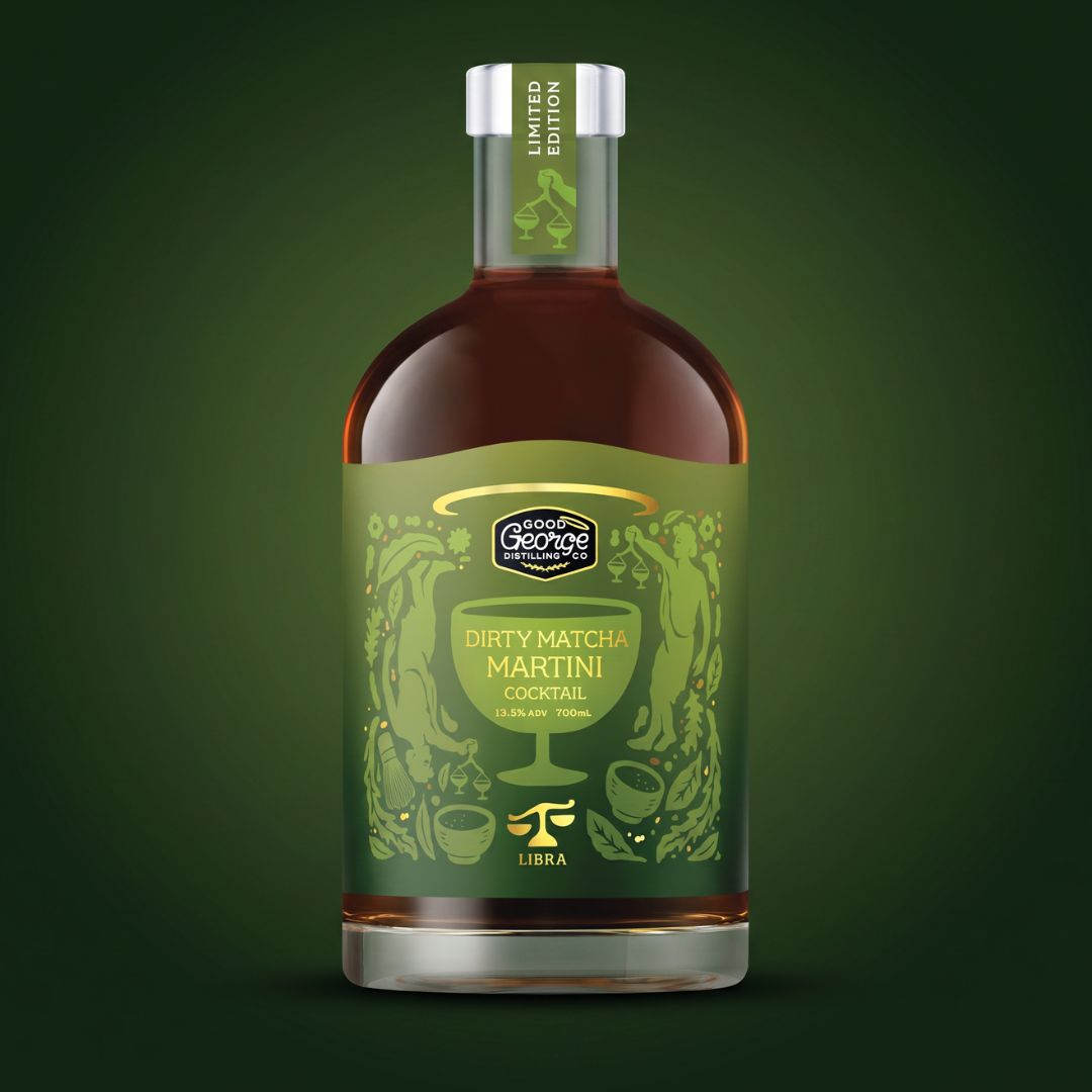 A bottle of Good George 'Dirty Matcha Martini Cocktail' Libra edition, featuring a dark green label with matcha illustrations and amber liquid inside, set against a dark green gradient background.