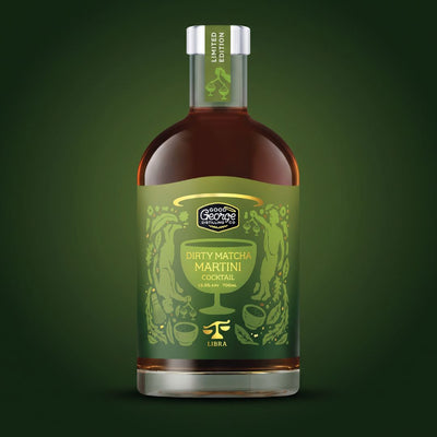A bottle of Good George 'Dirty Matcha Martini Cocktail' Libra edition, featuring a dark green label with matcha illustrations and amber liquid inside, set against a dark green gradient background.