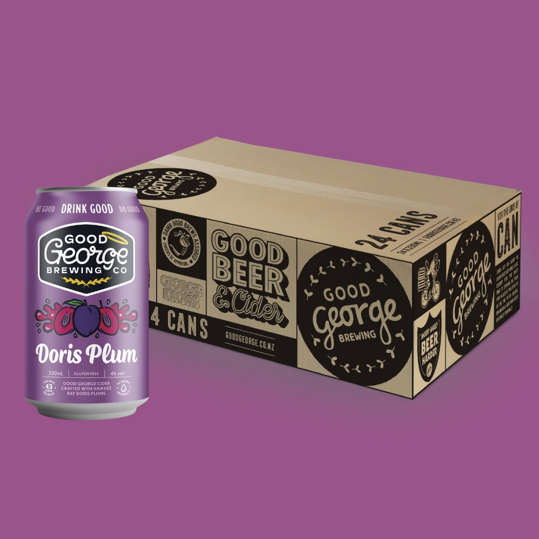 Good George Brewing Co. Doris Plum can and box on a purple background