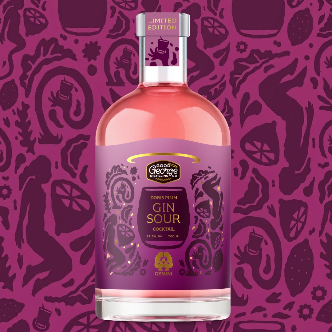 Bottle of Good George Doris Plum Gin Sour Cocktail on a purple background with decorative silhouettes.