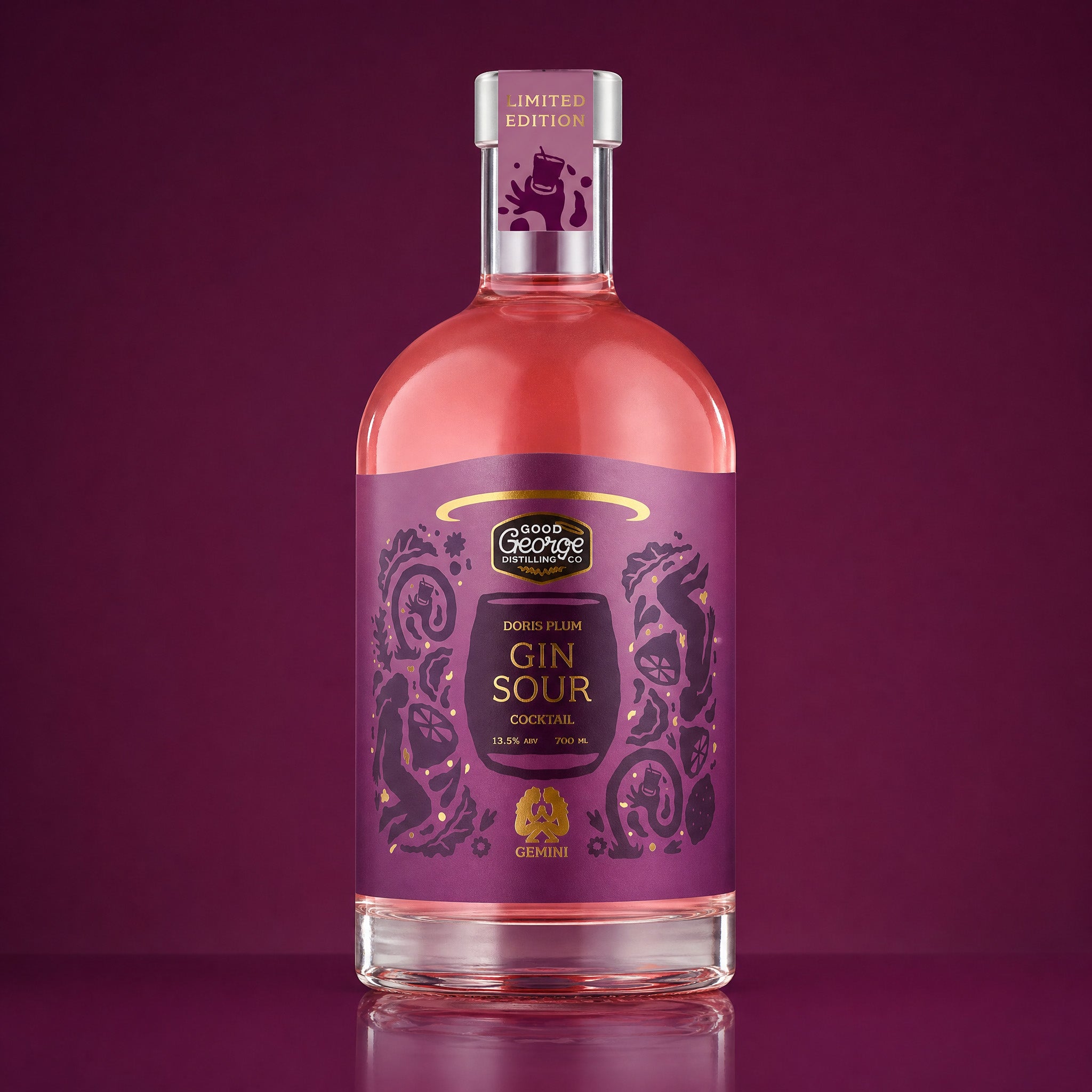 Bottle of Good George's Gin Sour on a purple background