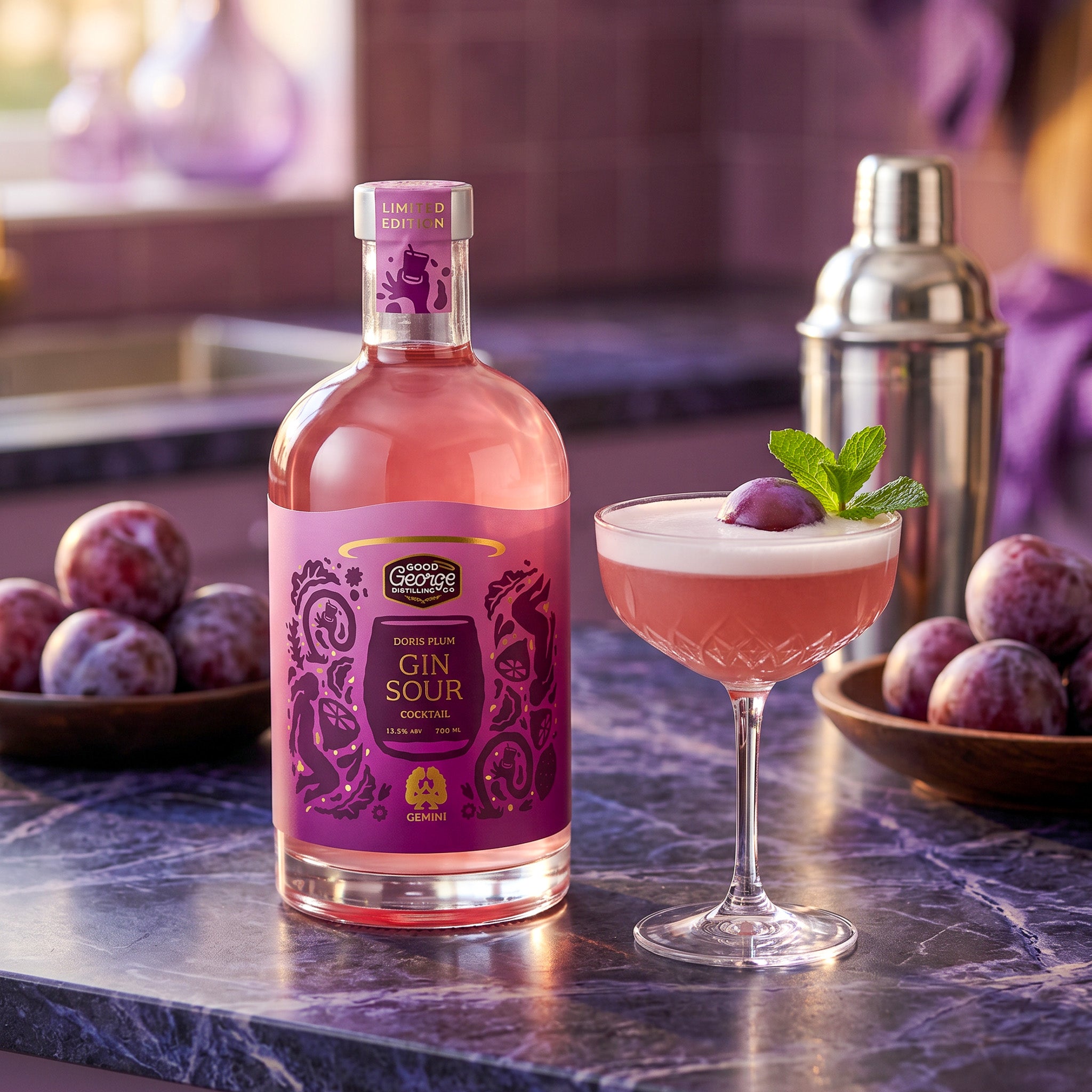 Bottle of Classic Gin Sour with a cocktail and plums on a bar counter