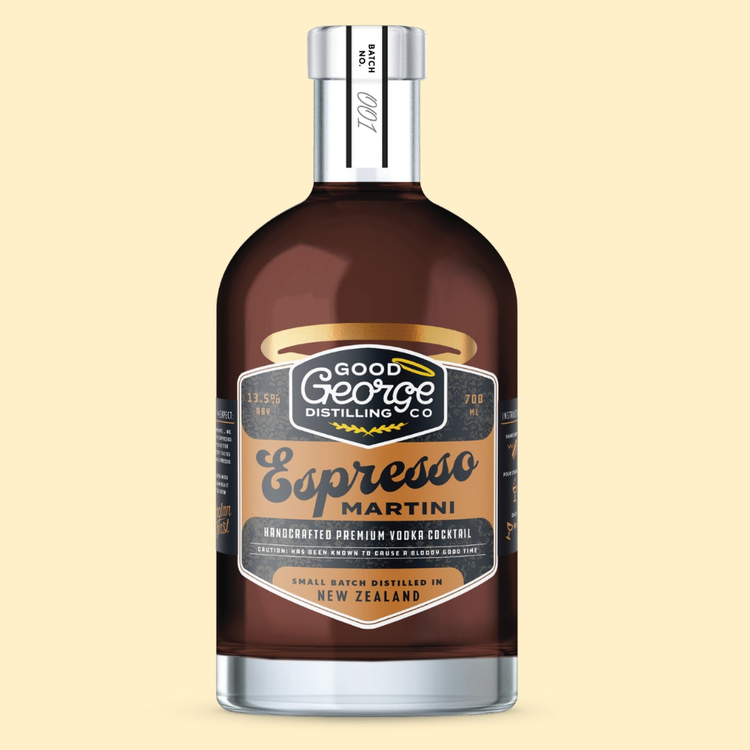 Bottle of Good George Distilling Espresso Martini on a beige background