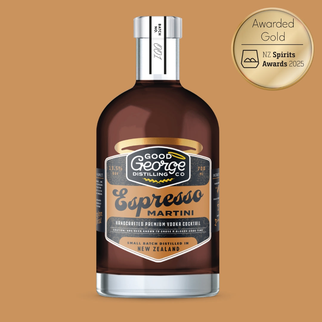 Bottle of Good George Espresso Martini on a brown background with an award badge.