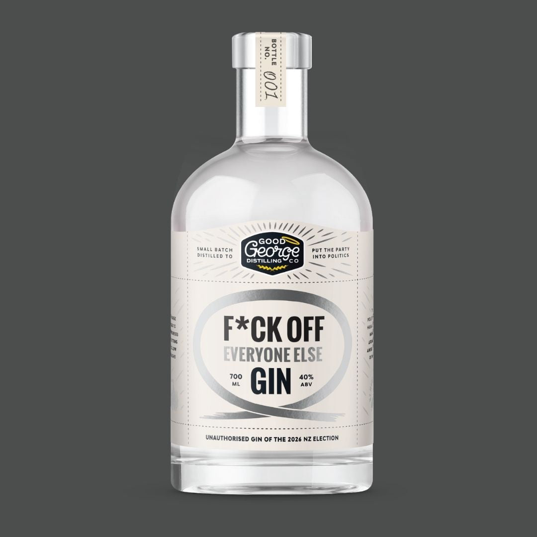 Good George F*ck Off Everyone Else Gin, 700mL, cream label with a silver loop, on a charcoal background.