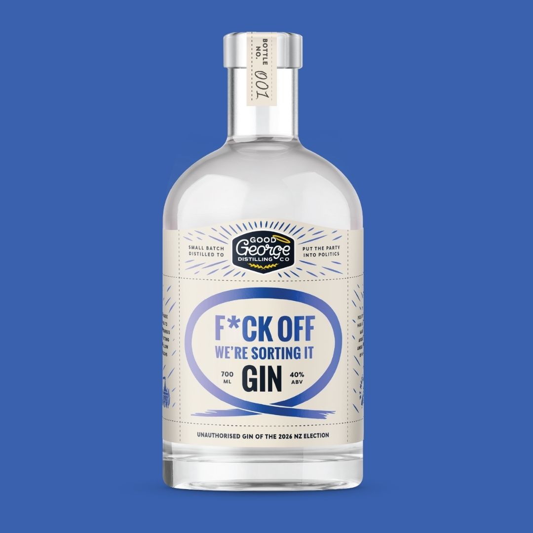 A 700ml clear glass bottle of Good George Gin with a humorous cream-colored label that reads 'F*CK OFF WE'RE SORTING IT GIN'. The bottle is centered against a solid blue background.