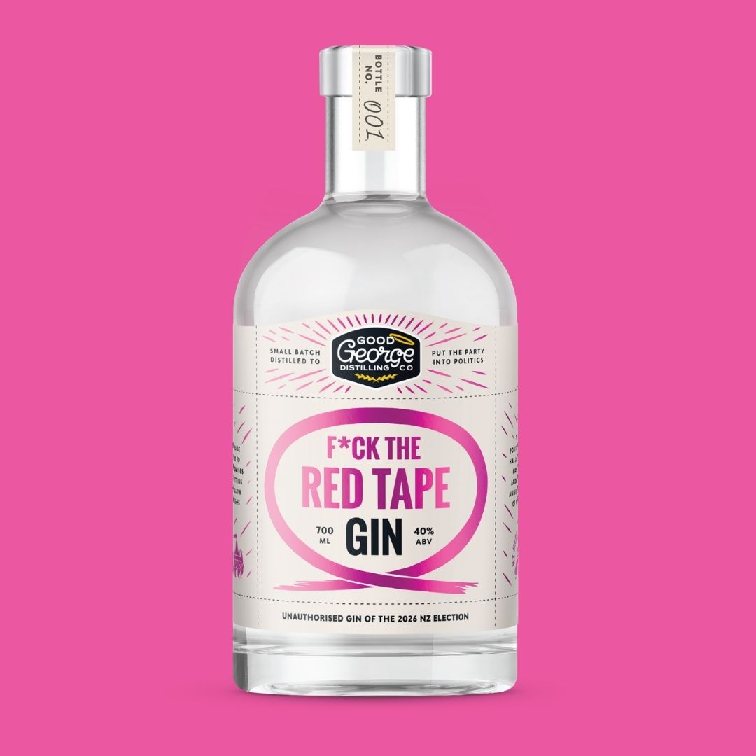 A 700ml clear glass bottle of gin with a white label featuring pink and black text, including the slogan 'F*CK THE RED TAPE GIN'. The bottle is centered against a solid bright pink background.
