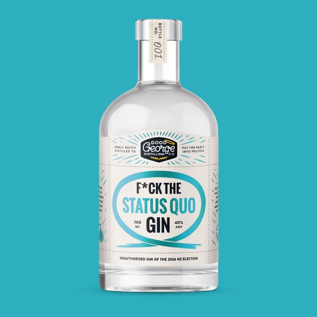 Good George F*ck the Status Quo Gin, 700mL, cream label with a teal loop, on a teal background.