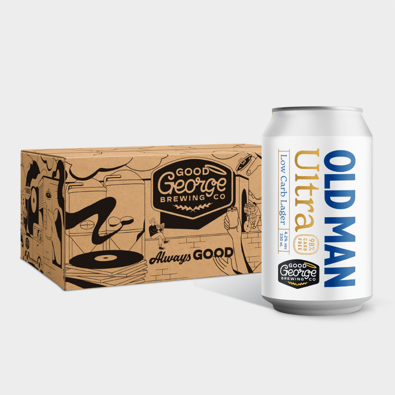 Cans of Good George Brewing Co. Ultra Low Carb Lager rotating next to its illustrated cardboard shipping box, set against a solid light grey background.