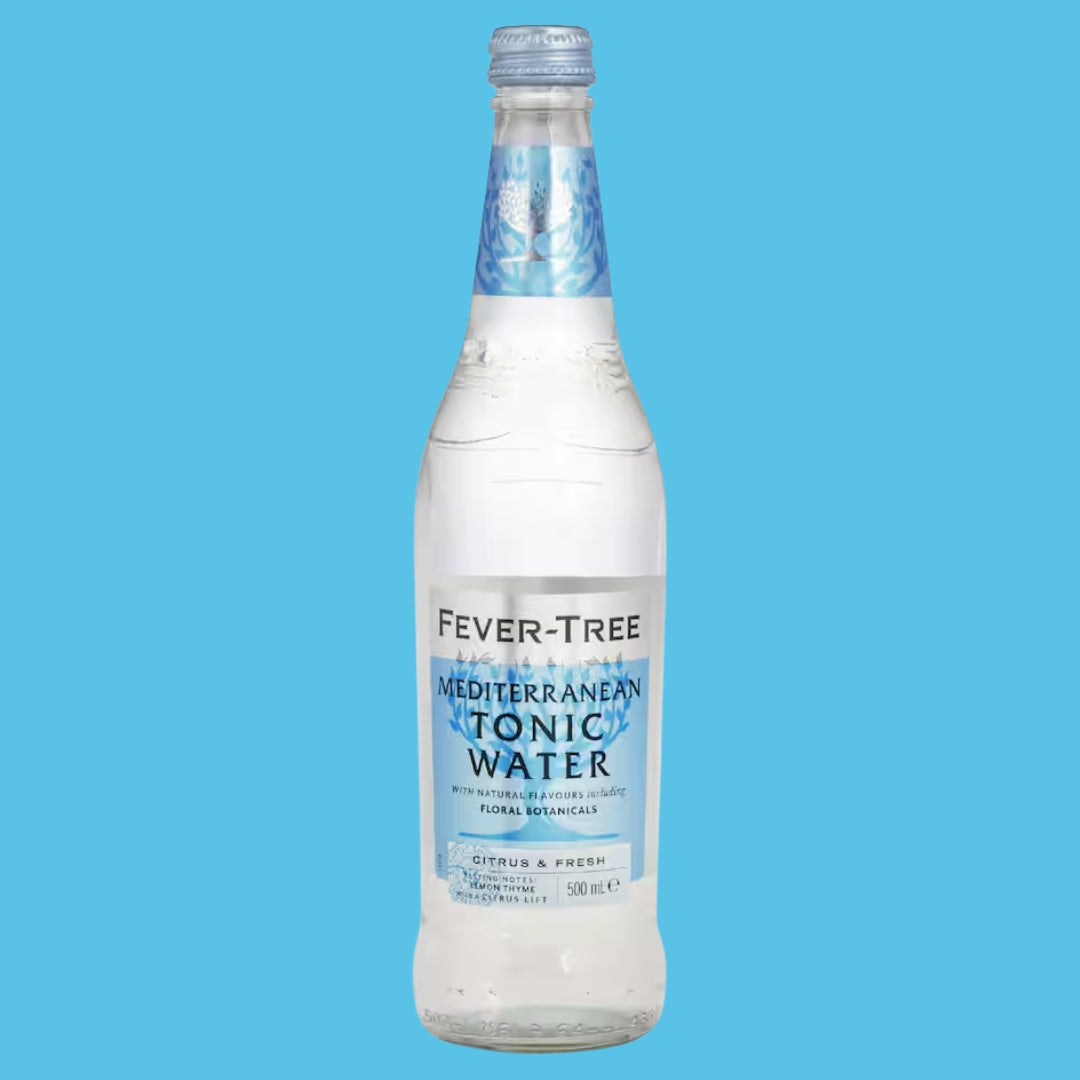 Bottle of Fever-Tree Mediterranean Tonic Water on a blue background