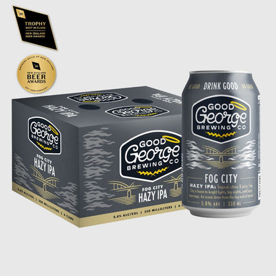 A 6-pack cardboard box and a single aluminium can of Good George Brewing Co Fog City Hazy IPA on a light gray background, with two award badges in the top-left corner.