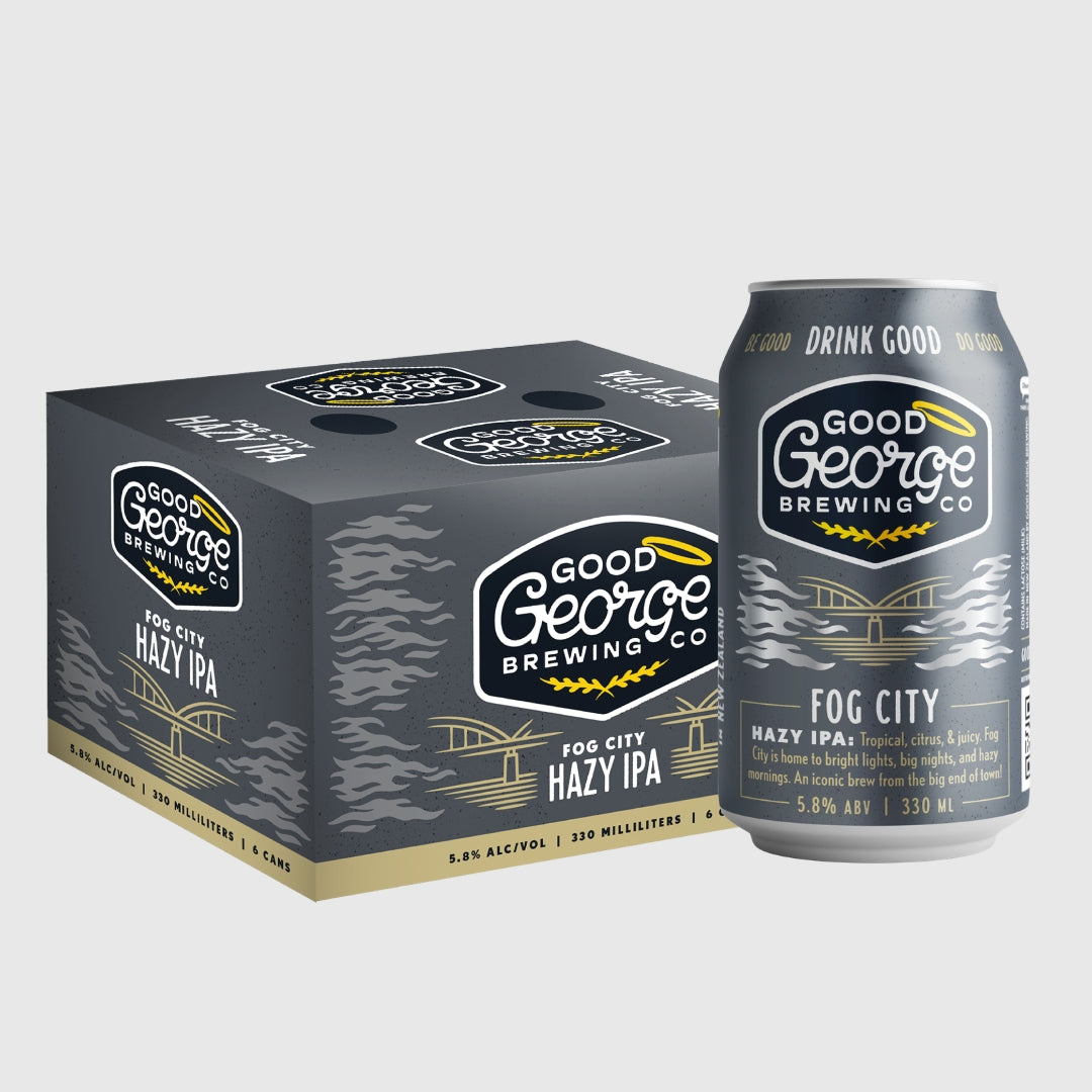 A six-pack cardboard box and a single aluminum can of Good George Brewing Co. Fog City Hazy IPA, shown on a light gray background.