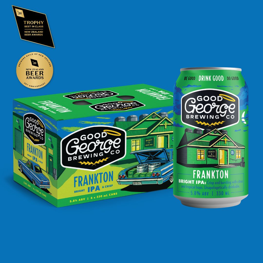 A 6-pack cardboard box and a single aluminium can of Good George Brewing Co Frankton IPA on a solid blue background, with two award badges in the top-left corner.