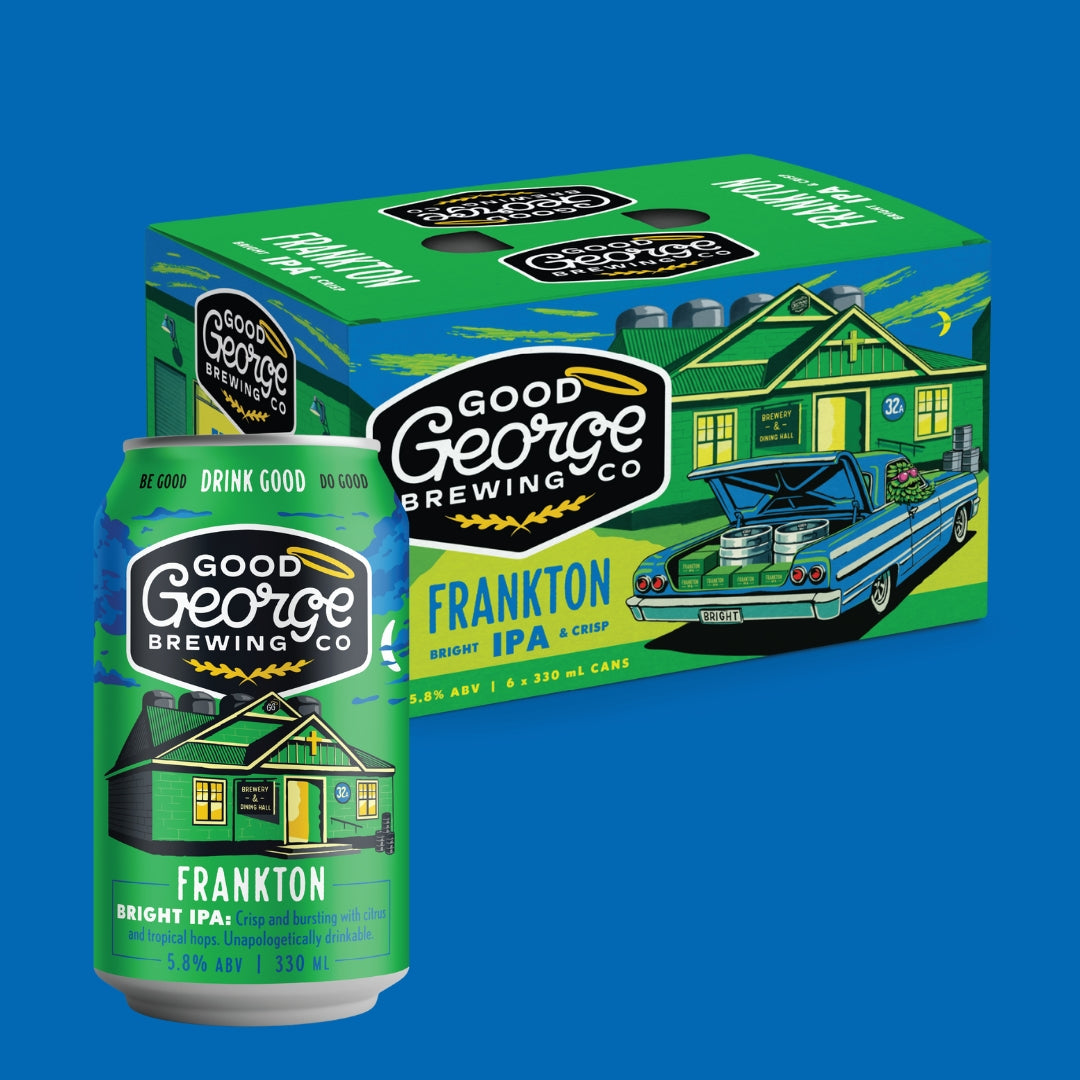 Good George Brewing Co. beer cans and packaging on a blue background