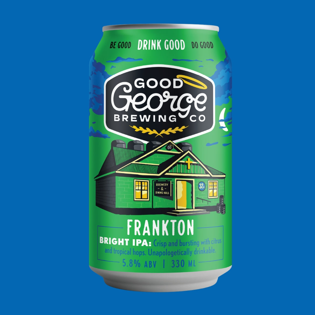 Green can of Good George Brewing Co. Frankton Bright IPA on a blue background