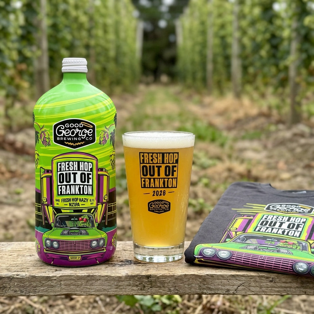 Good George Fresh Hop Out of Frankton bottle, glass, and t-shirt in a hop field