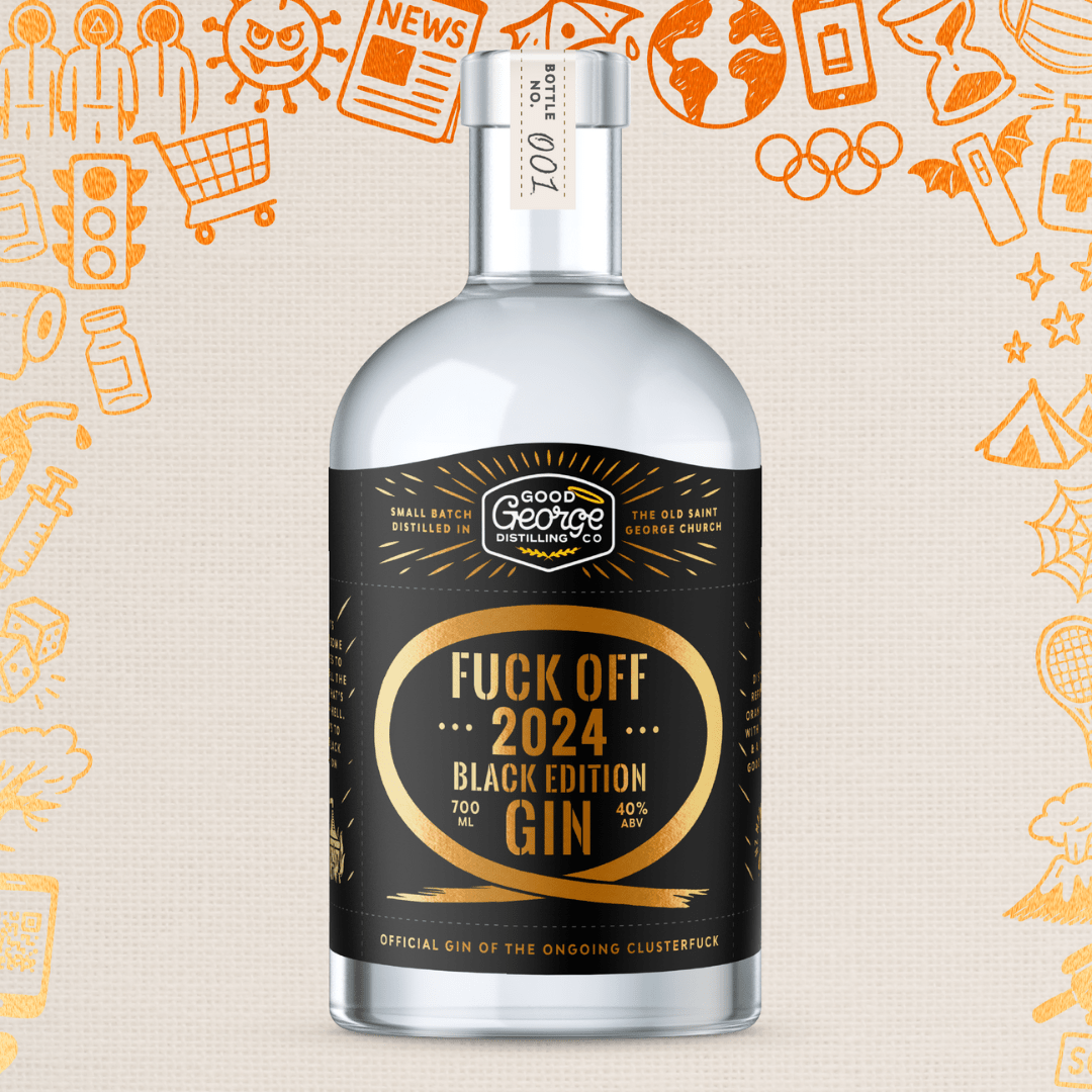 Bottle of gin with a humorous label on a background with various icons.