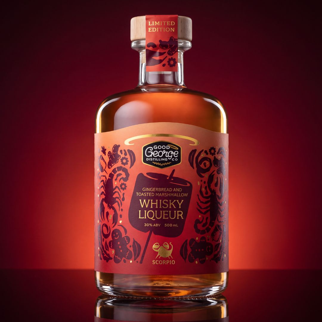 Good George Gingerbread and Toasted Marshmallow Whisky Liqueur, limited edition Scorpio bottle, 500ml at 30% ABV, on a deep red background