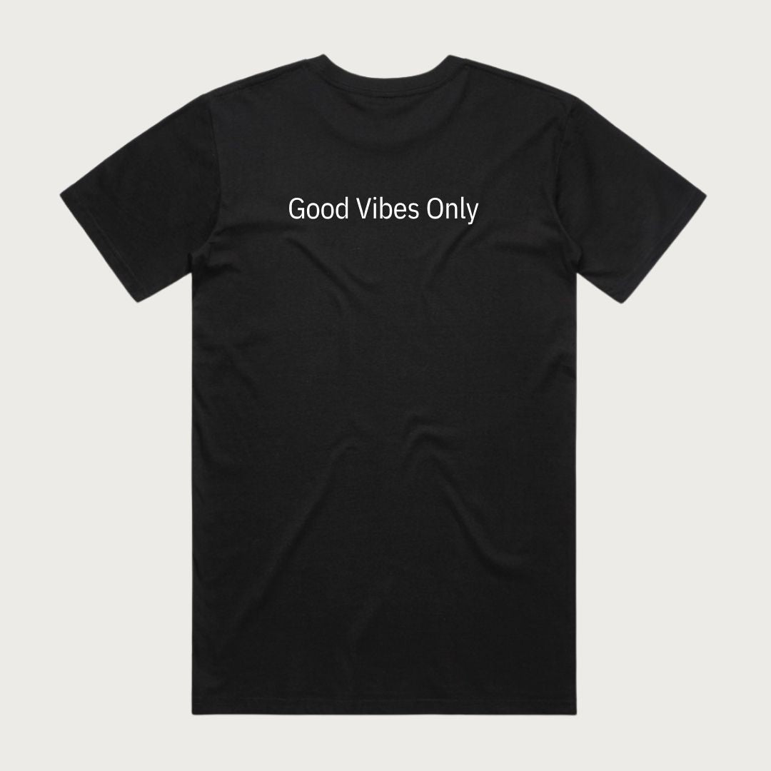 Back of the black Good George t-shirt with the slogan Good Vibes Only