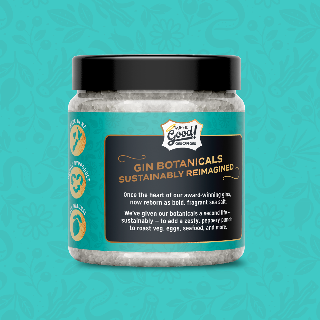 Jar of gin botanicals with a blue label on a teal background